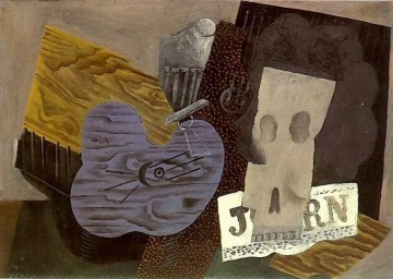 skull Painting - Guitar skull and newspaper 1913 cubism Pablo Picasso